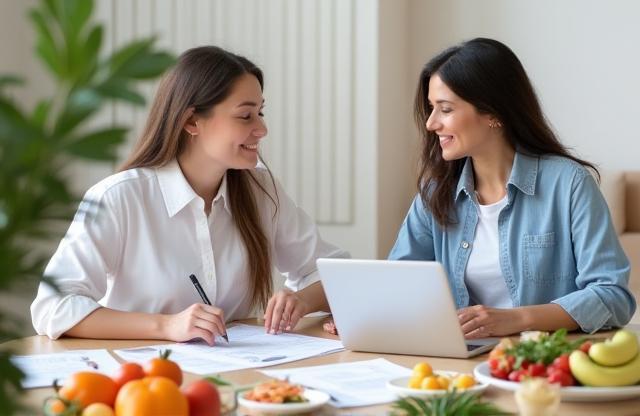 Nutritionist consulting with a client over healthy food options